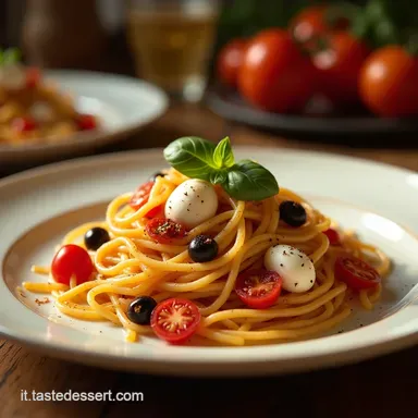 Pasta con Pomodori Freschi Mozzarella e Olive Ricetta Estiva Veloce Scheda ricetta
