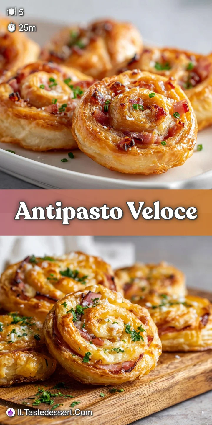 Close-up of a golden, flaky pastry square with creamy white cheese, delicate pink prosciutto, and a bright green herb, hig...