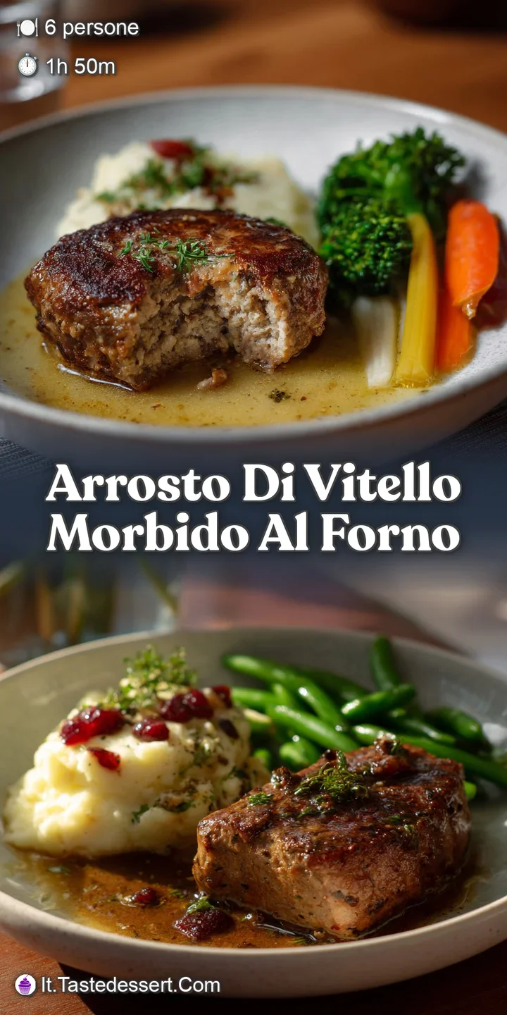 Close-up reveals the caramelized crust and moist interior of the roasted veal, glistening with rich pan drippings and herbs.