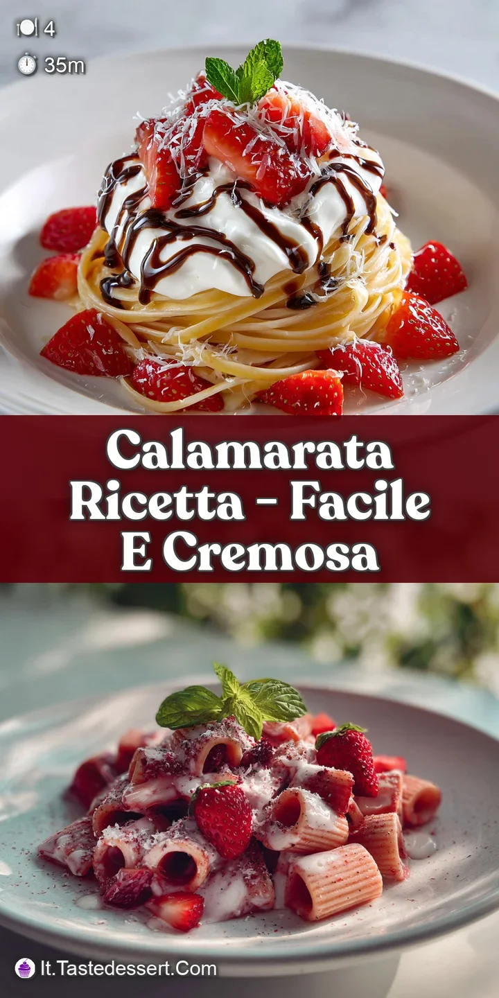 Close-up of creamy calamarata pasta. Plump cherry tomatoes burst with juice, and the sauce clings lovingly to each ring.