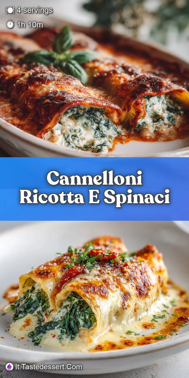 Close-up of a cannelloni: browned pasta, creamy ricotta, vibrant spinach. Bubbling cheese hints at the warm, comforting fl...