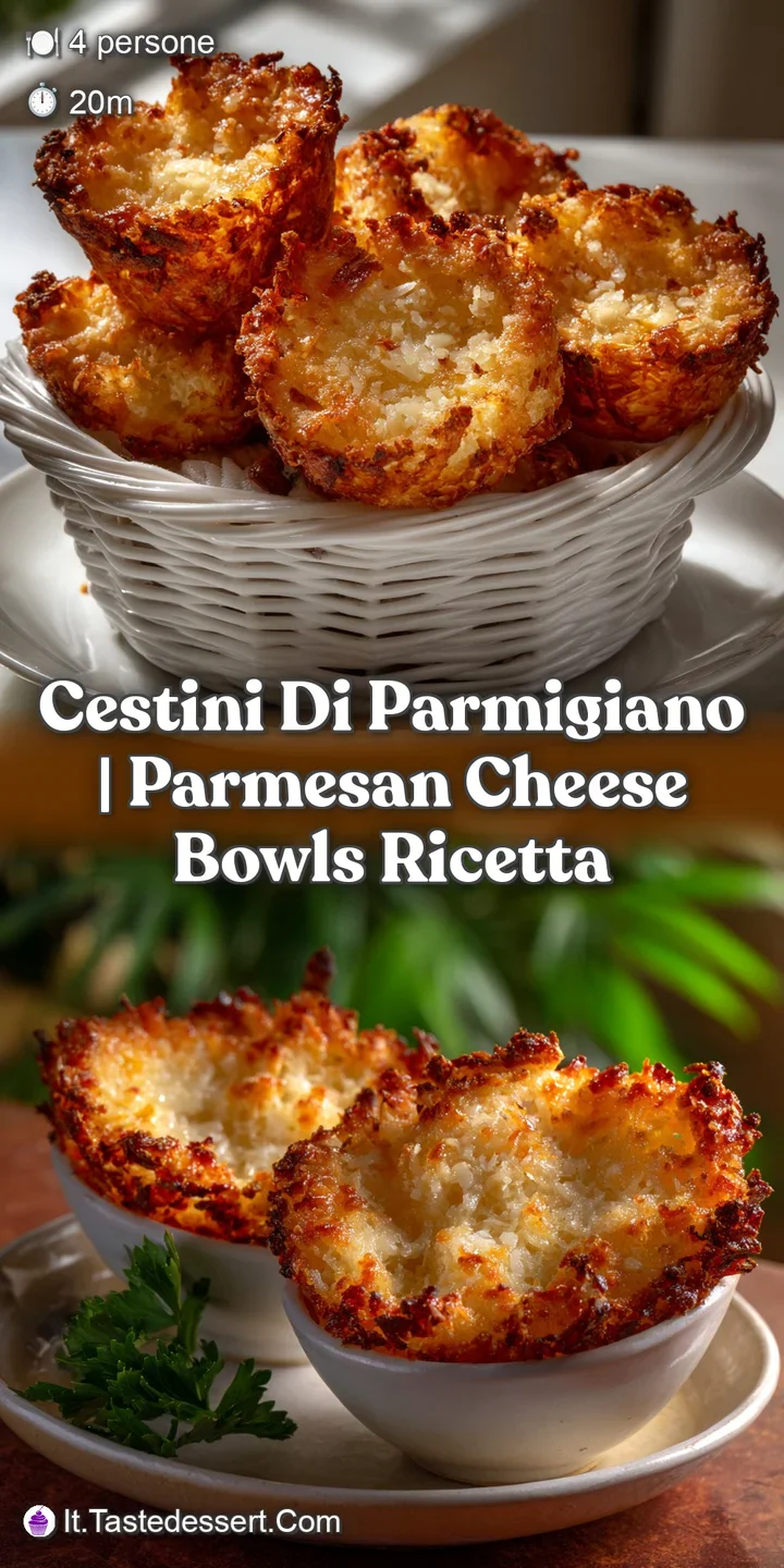 Close-up of a perfectly formed parmesan cup with a glassy, golden crust. The interior reveals a medley of textures and col...