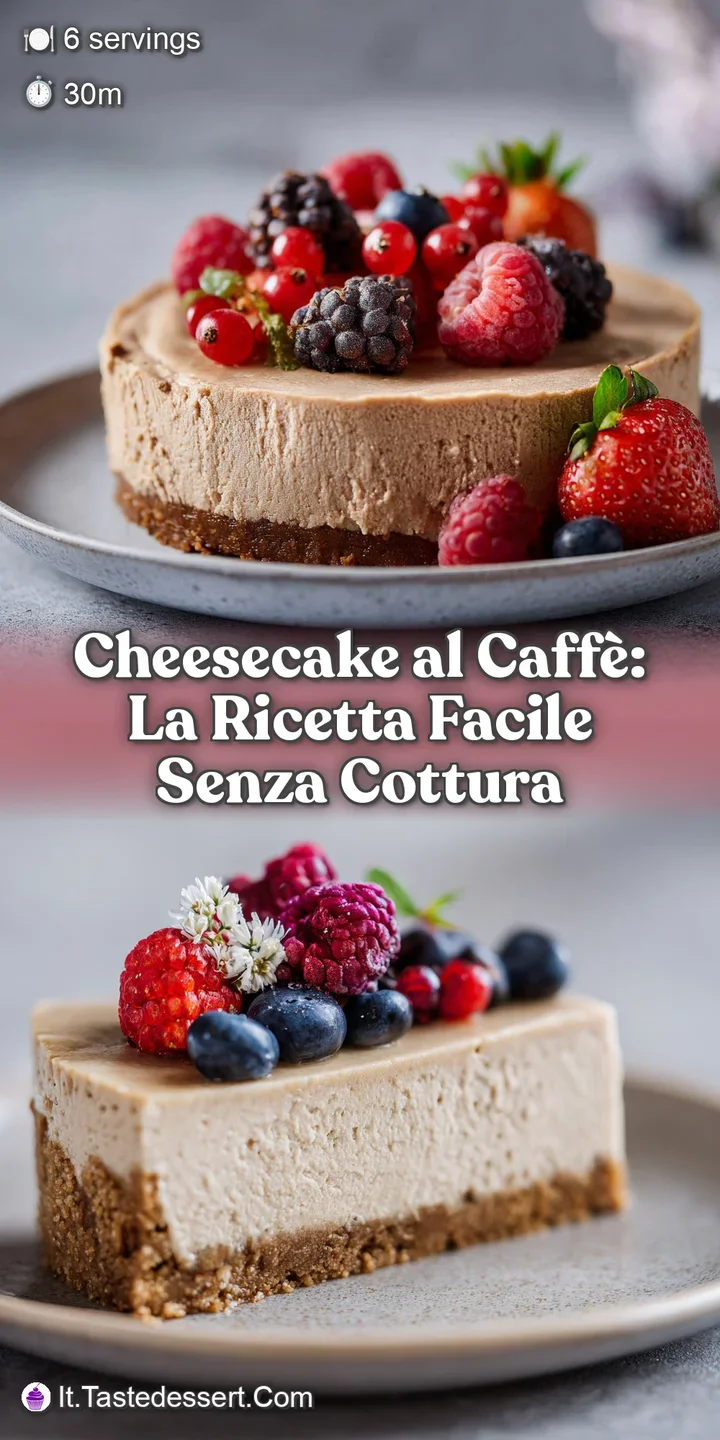 Close-up of a fork gently pressing into a rich, no-bake coffee cheesecake, revealing its dense, creamy interior.