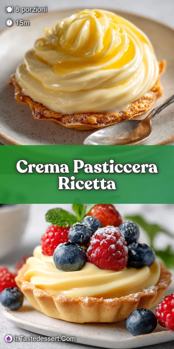 Close-up reveals the shimmering surface of the crema pasticcera. Soft peaks suggest a light, airy texture. A hint of vanil...