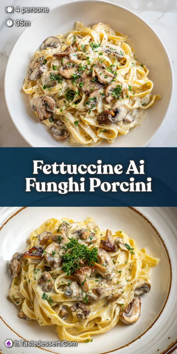 Close-up of fettuccine ai funghi porcini. Creamy sauce clinging to the pasta, showcasing the textures of mushrooms and par...