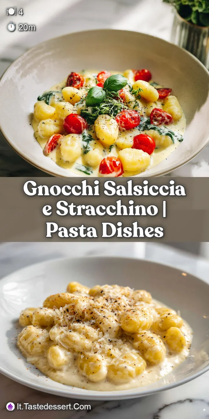 Close-up of soft gnocchi coated in a rich sauce, studded with chunks of flavorful sausage and creamy cheese.