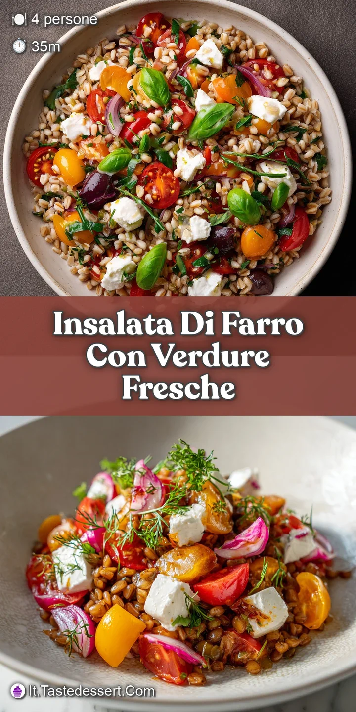 Appetizing close-up of farro salad, showcasing plump grains, vivid vegetables, and a light, inviting sheen.