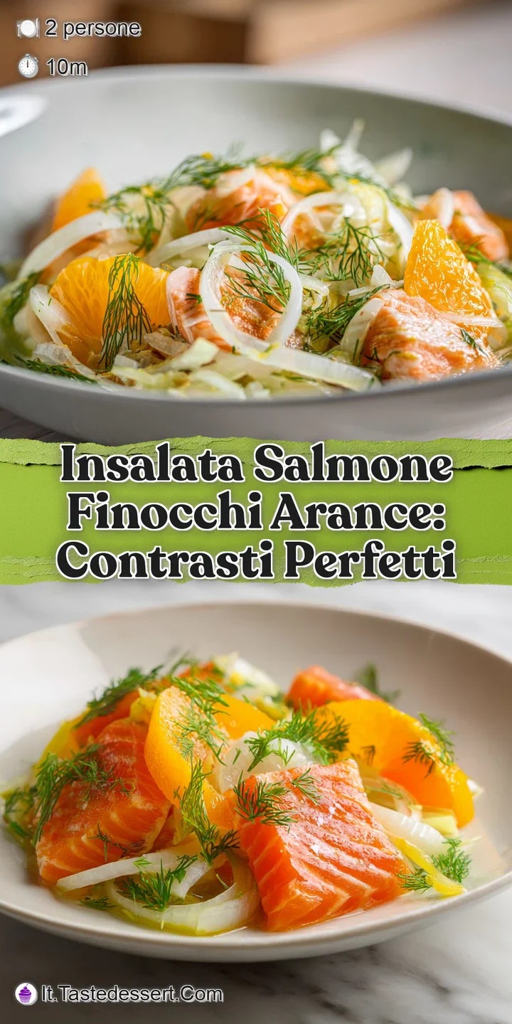 Close-up of the salmon salad highlighting the glistening pink salmon, juicy orange slices, and crisp fennel, a flavorful a...