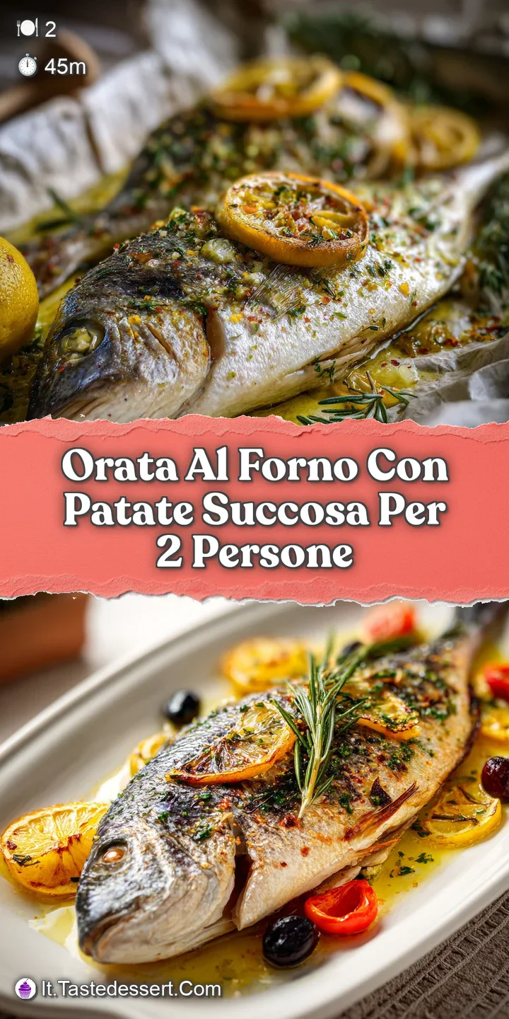 Close-up reveals moist, succulent orata with slightly browned skin. Potatoes are tender and slightly caramelized, infused ...