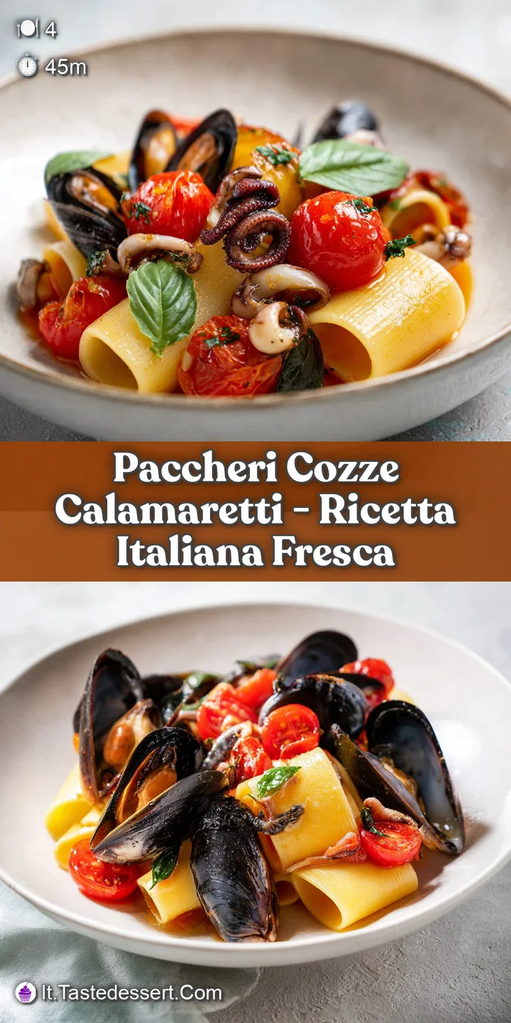 Close-up showcasing the glistening texture of perfectly cooked paccheri, tender calamari, and plump mussels, hinting at th...