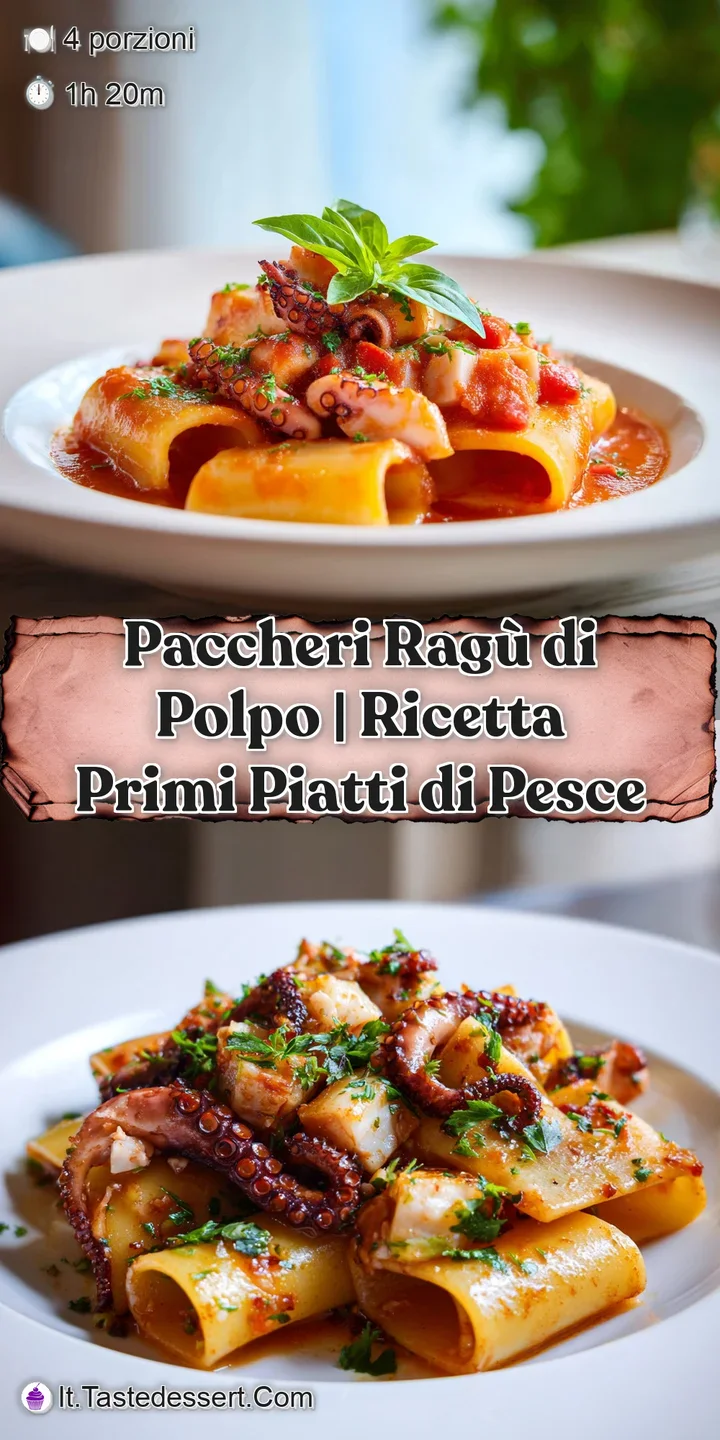 Close-up of plump paccheri pasta, bathed in a rustic, slow-cooked octopus sauce, a steaming delight