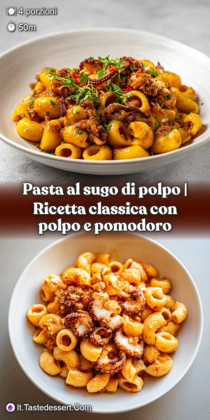 Close-up of tender octopus tentacles nestled amongst glistening pasta in a rich, red sauce.