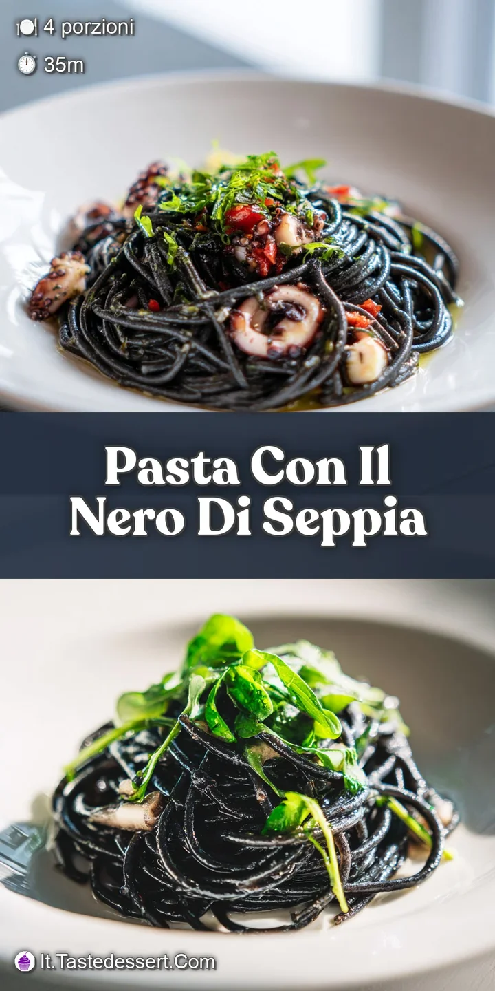 Close-up capturing the inky sheen of squid ink pasta, with visible texture and a scattering of fresh herbs.