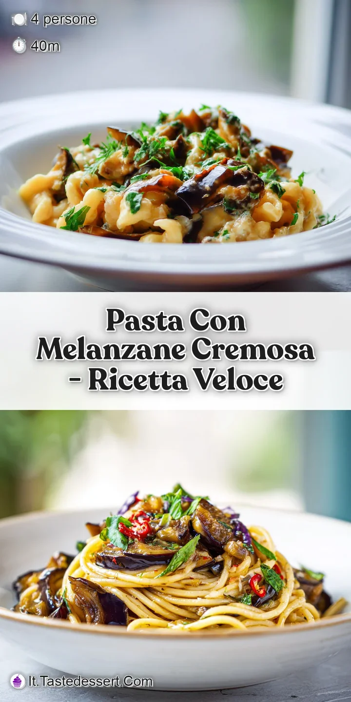 Close-up of pasta and eggplant: rich, dark sauce coats the noodles. Warm, inviting, and rustic Italian cuisine.