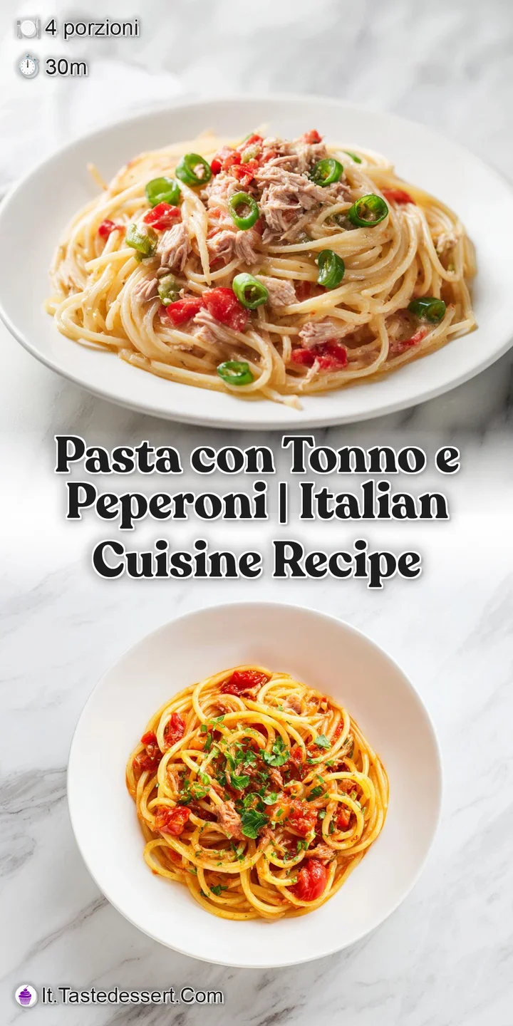 Close-up showcasing the juicy texture of tuna, the crisp-tender peppers, and the perfectly al dente pasta, all glistening ...