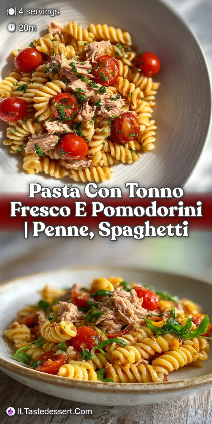 Close-up shot reveals the juicy cherry tomatoes, flaking tuna, and the delicate texture of the pasta, inviting and appetiz...