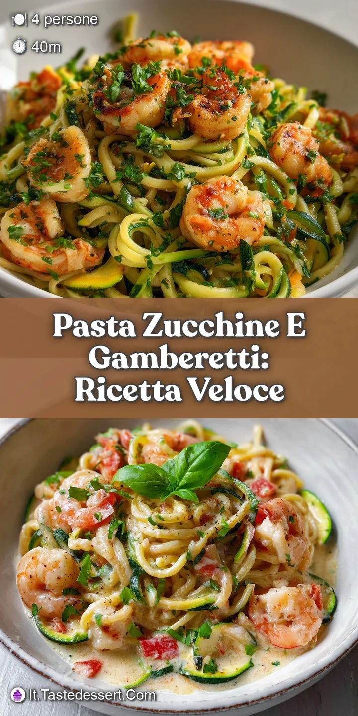 Close-up captures the appetizing texture of the pasta with zucchini and shrimp, coated in a creamy sauce and dotted with f...