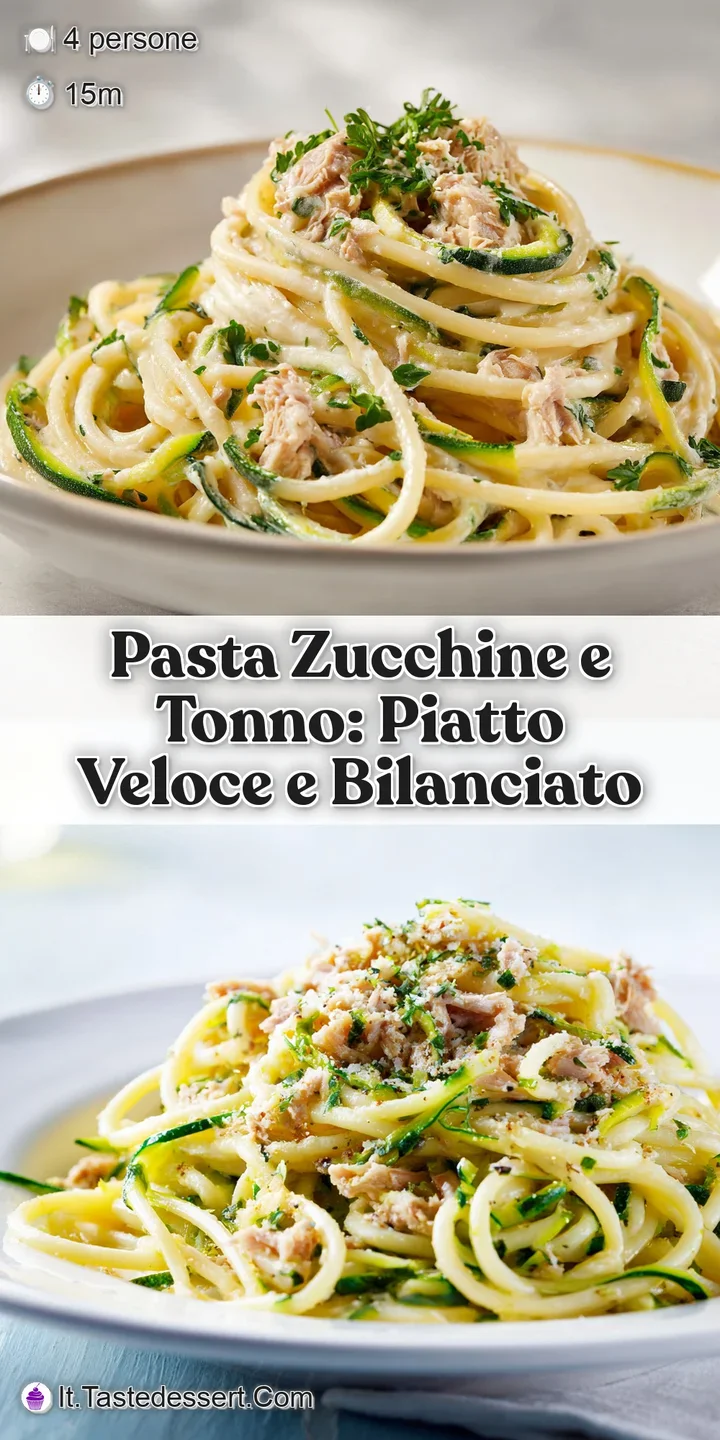 Close-up captures the creamy texture of the pasta, tender zucchini slices, and delicate flakes of tuna, all glistening and...