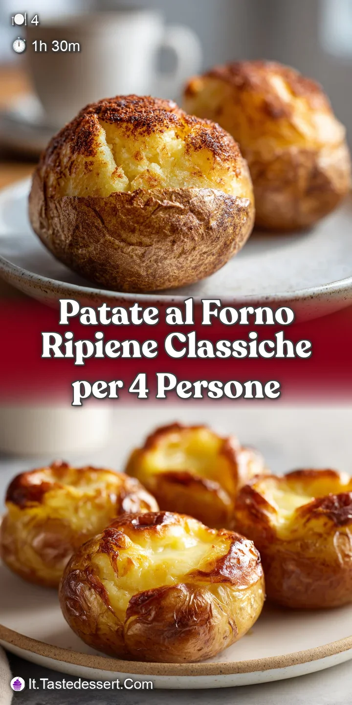 Close-up of a stuffed baked potato; bubbly, browned cheese mingles with herbs. Hints of creamy filling peeking through.