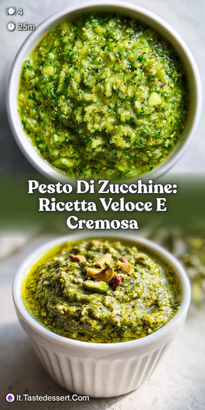 Close-up of creamy zucchini pesto clinging to pasta strands. Bright green hues with visible parmesan, a tempting and flavo...