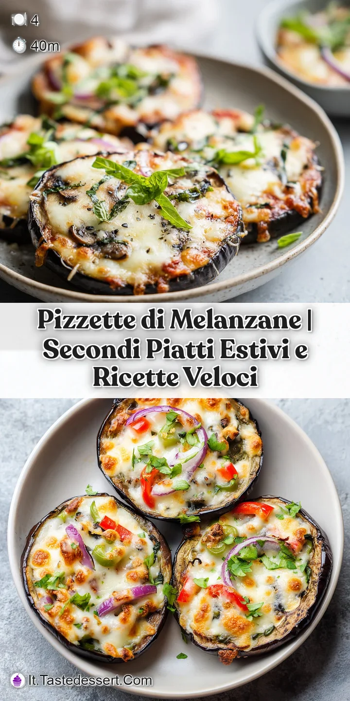 Close-up of a bubbly, golden-baked eggplant pizzette, strings of melted cheese stretching over rich tomato sauce.