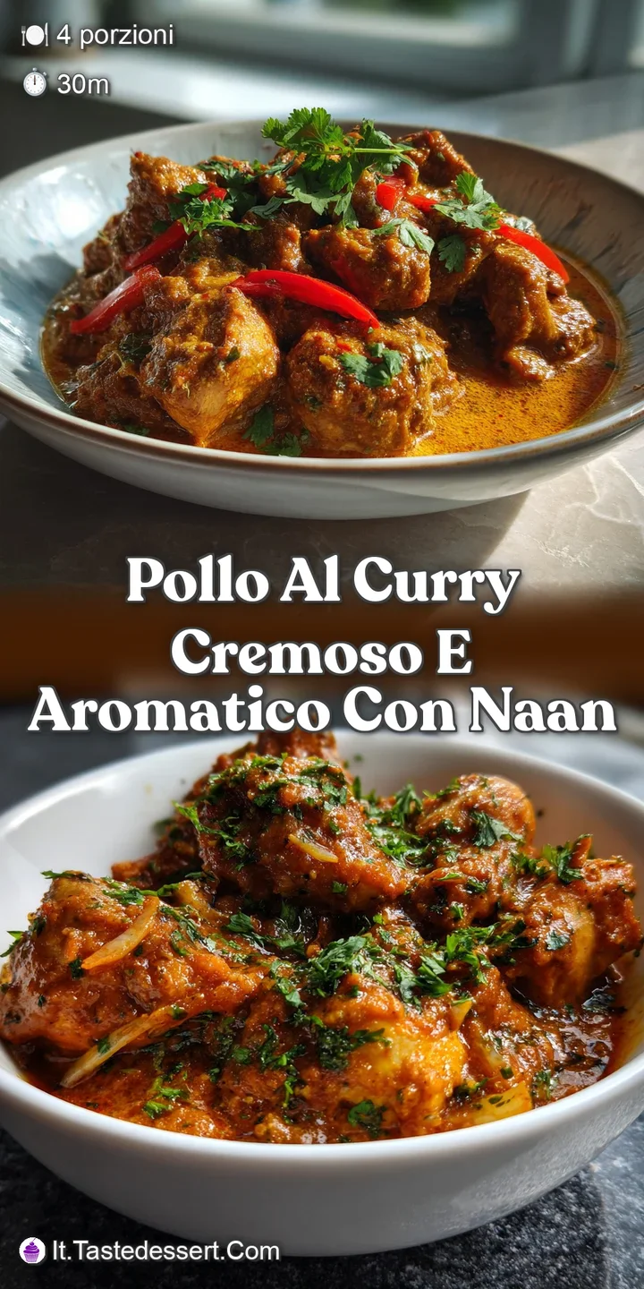 Close-up of succulent chicken in a vibrant, creamy curry sauce. The dish is fragrant, with bright pops of cilantro and vis...