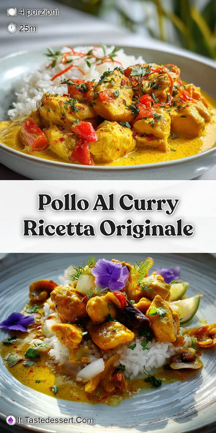 Close-up of tender chicken pieces simmered in a lush, golden curry sauce. Spices and herbs add texture and visual warmth.