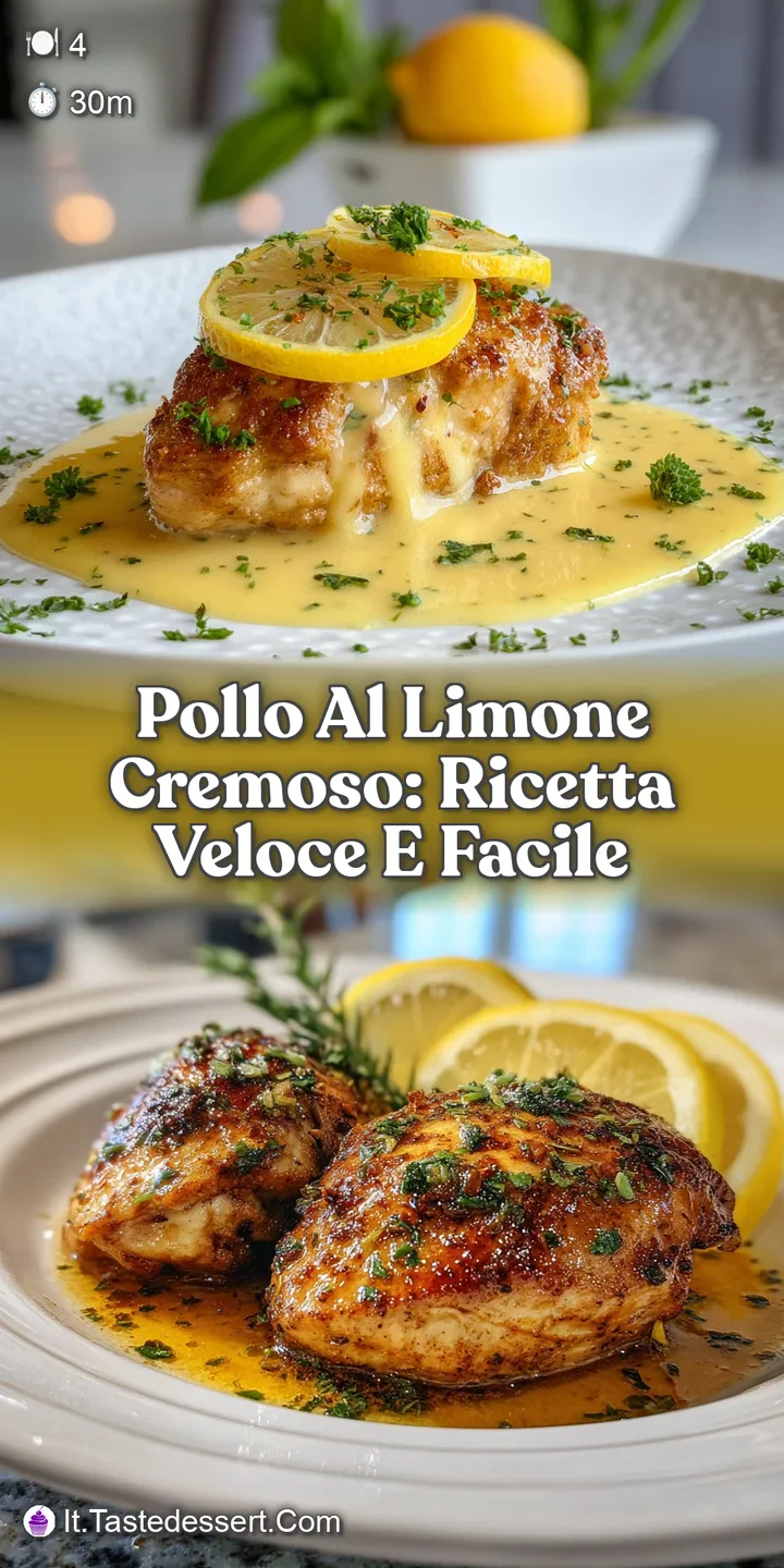 Close-up showing the creamy texture of lemon chicken with glistening sauce. Juicy, tender pieces and fresh green herbs inv...