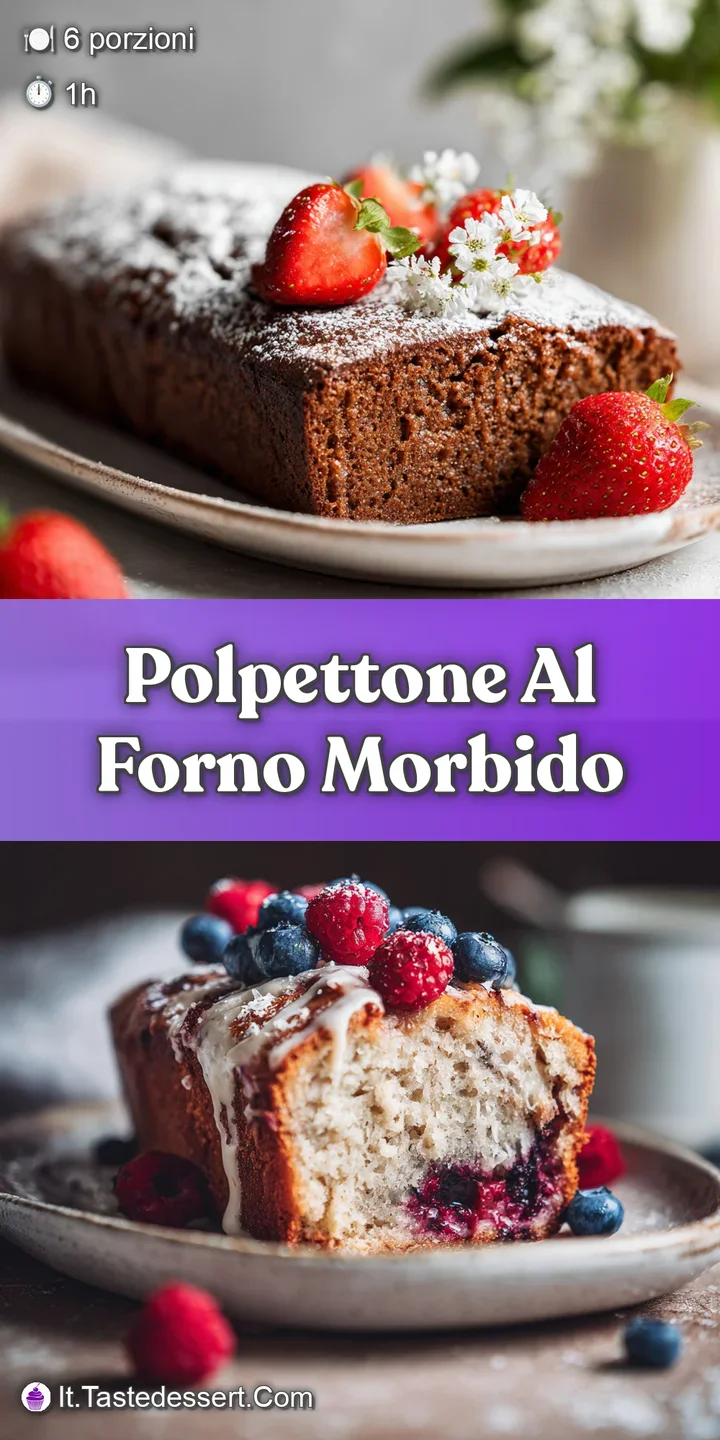 Close-up of polpettone slice: moist, browned surface with visible herbs. Inviting and flavorful looking baked meatloaf.