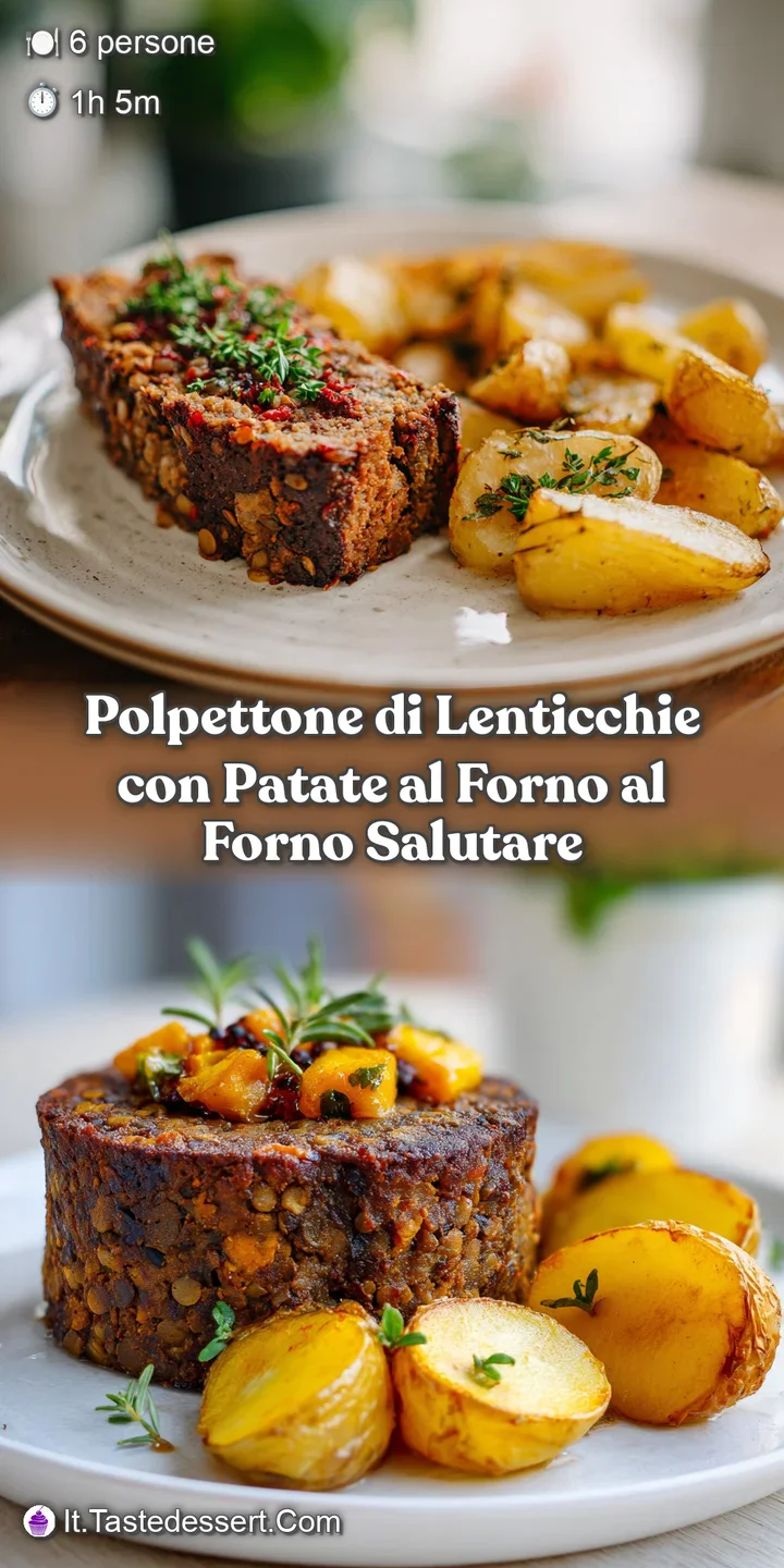 Close-up of a savory lentil loaf slice showing delicious texture and herbs. Golden roasted potatoes offer a comforting, ap...