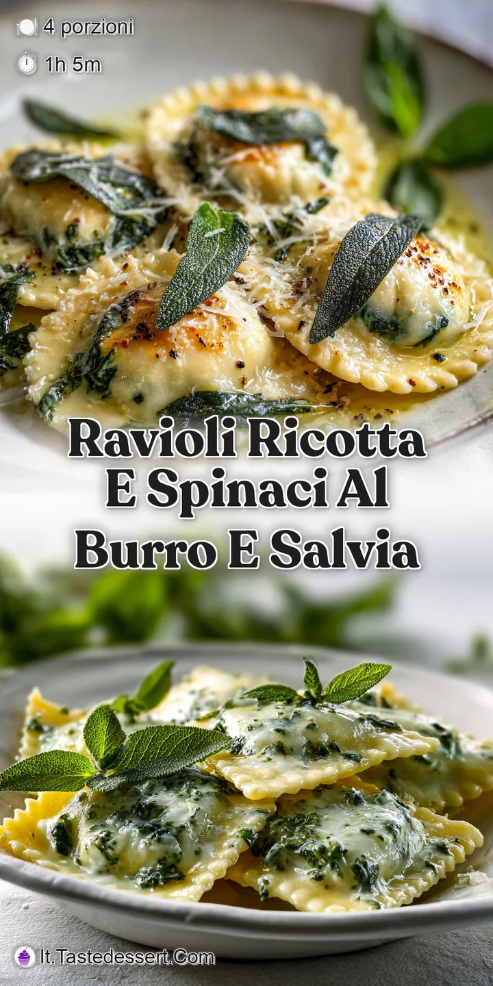 Close-up of ricotta and spinach ravioli: delicate pasta, visible filling, and glistening browned butter sauce with aromati...