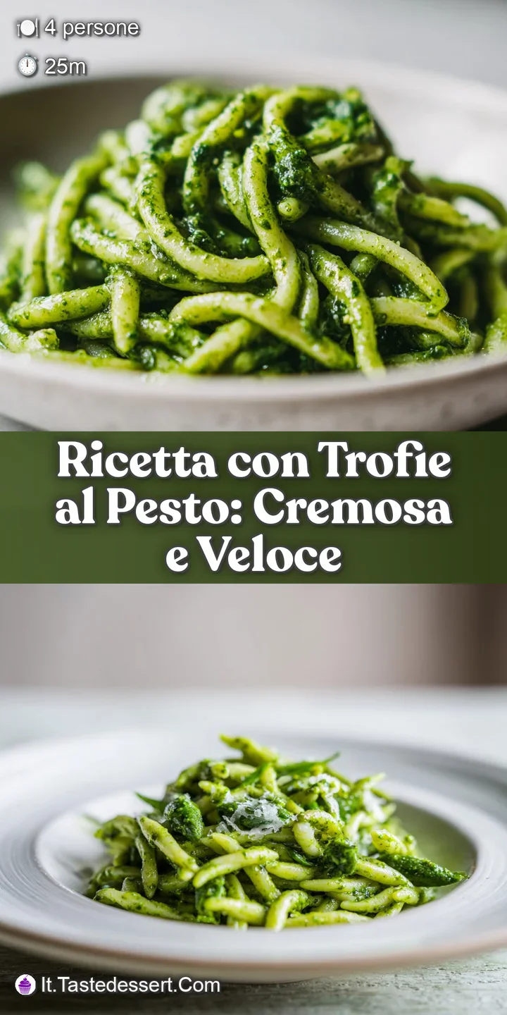 Close-up shot of glistening trofie pasta coated in bright green pesto, showcasing the creamy texture and fresh ingredients...