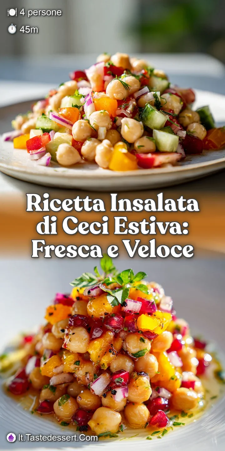 Close-up of vibrant chickpea salad with glistening herbs. Light reflects off the chickpeas and peppers, highlighting fres...