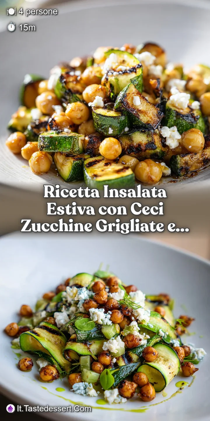 Close-up captures the juicy grilled zucchini, salty feta, and earthy chickpeas. A light dressing glistens on the fresh salad.