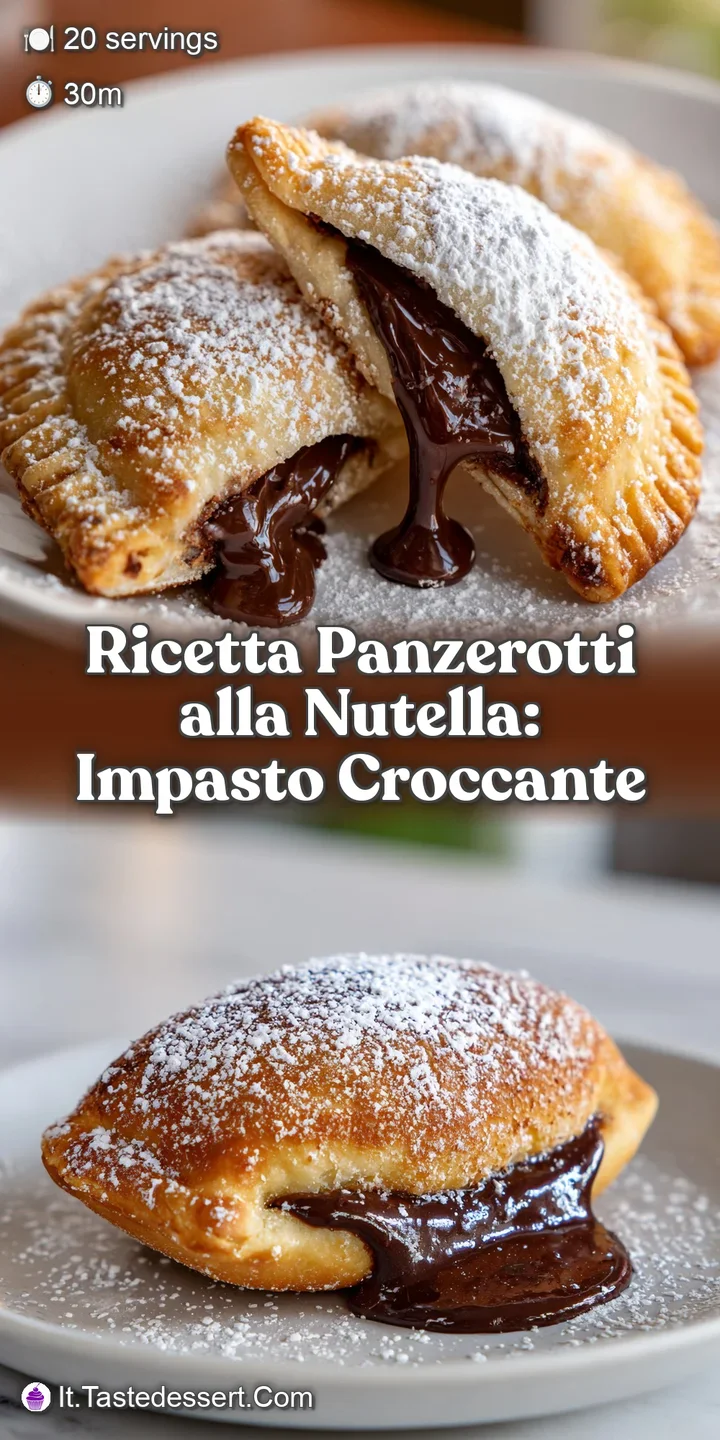 Close-up of a glistening, freshly-fried panzerotto bursting with warm, rich Nutella filling. Crispy, golden-brown crust.