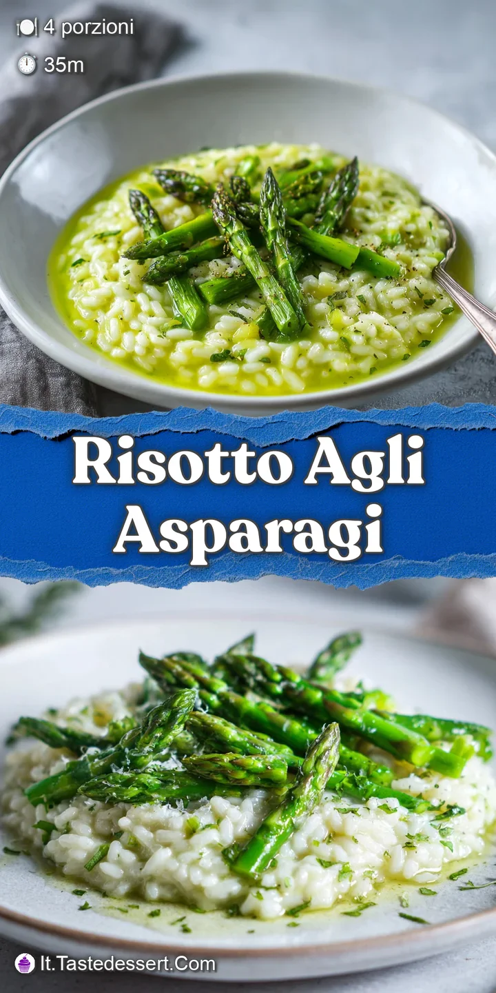 Close-up of creamy risotto with visible grains of Arborio rice, tender asparagus, and a rich, glossy texture. A comforting...