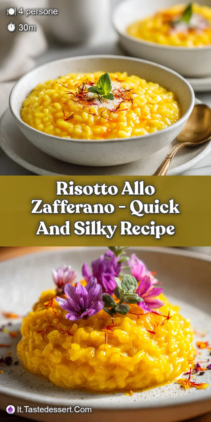 Close-up of vibrant yellow saffron risotto, showcasing its rich, creamy texture with visible flecks of saffron and herbs.