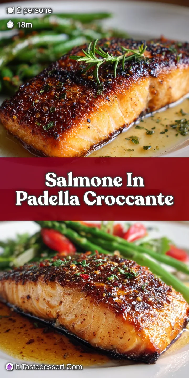 Close-up shows the perfectly seared, golden-brown skin of the salmon. Juicy flesh peeks through the crispy exterior, glist...