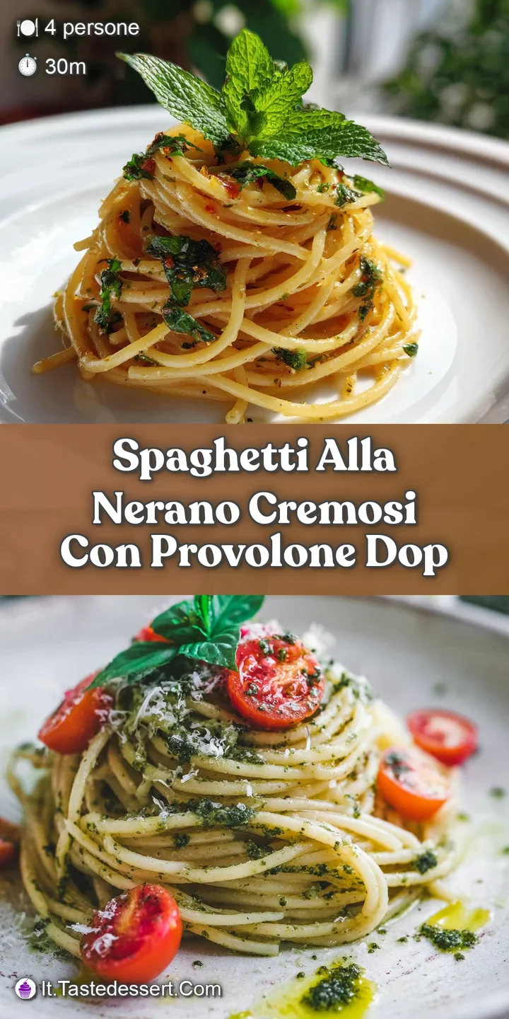 Close-up view of al dente spaghetti tossed in a rich, glossy sauce, showing the fresh basil and fried zucchini pieces.