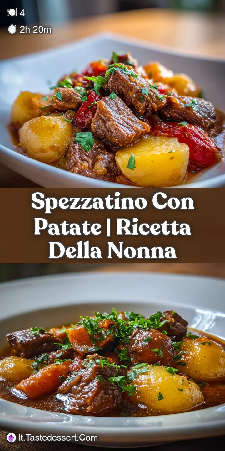 Steaming, deep-brown stew. The light reflects off a rich, velvety sauce with visible chunks of tender meat and golden pota...