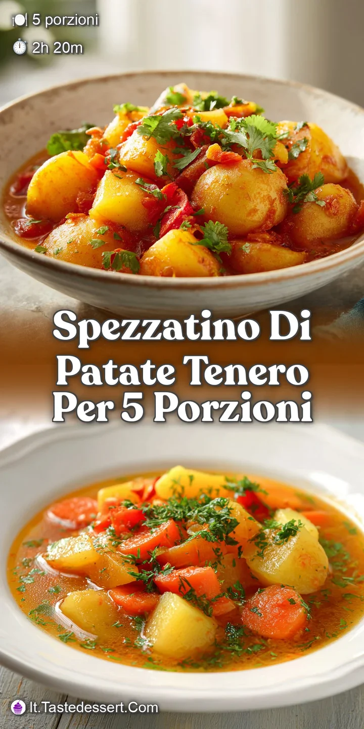 Close-up of soft potatoes and browned meat simmered in a luscious sauce. The Spezzatino glistens, hinting at its savory ar...