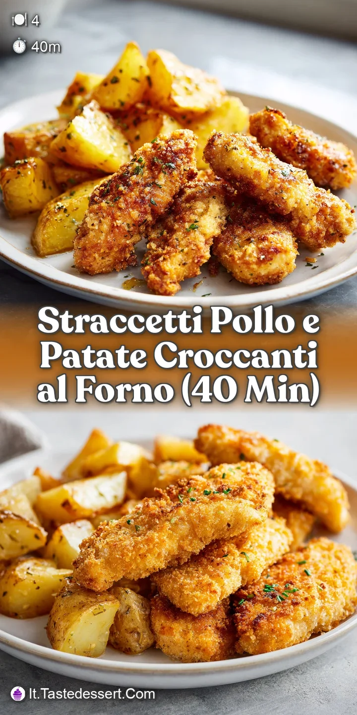 Close-up capturing the textures of juicy chicken straccetti and golden, crunchy potatoes, glistening with oil and aromatic...