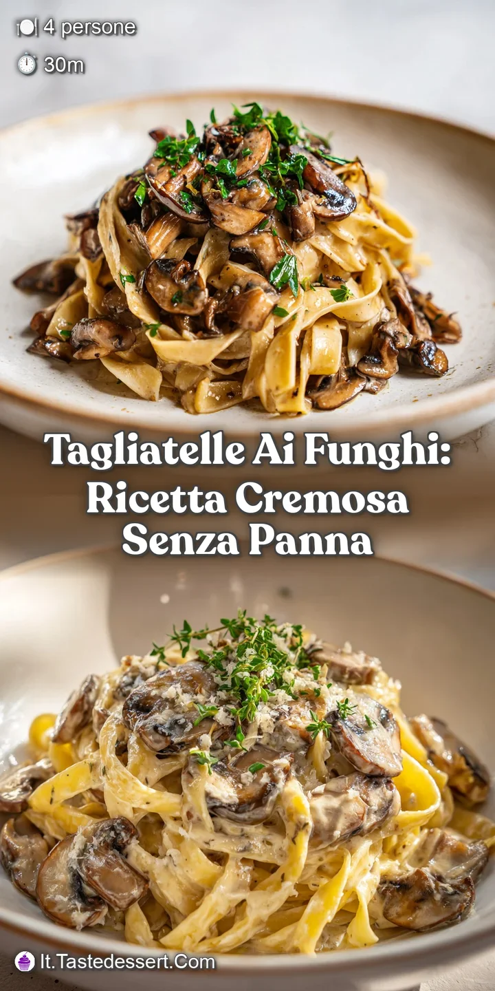 Close-up: Al dente tagliatelle glistening with a decadent cream sauce clinging to plump, tender porcini mushrooms.