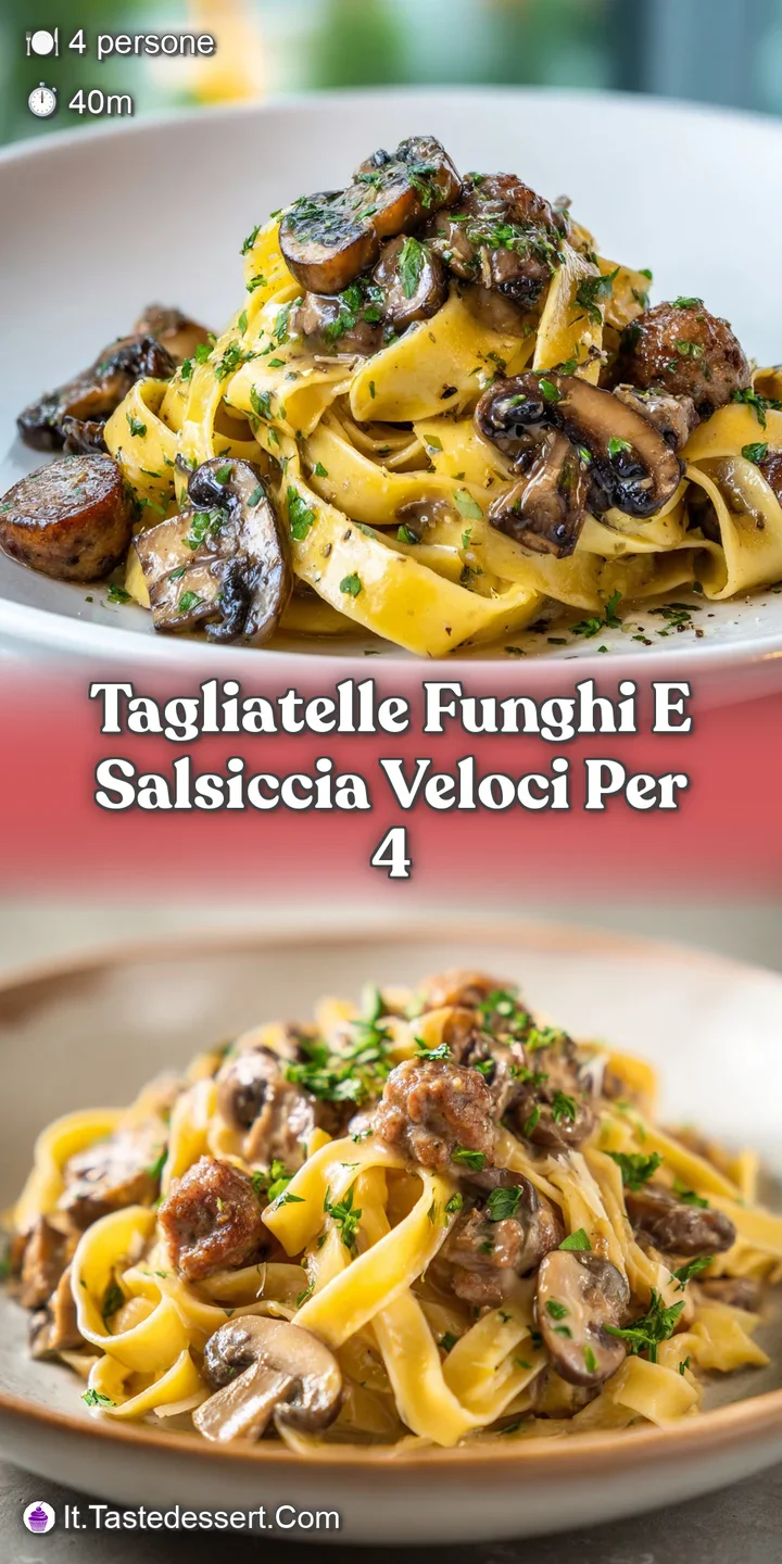 Close-up showcasing the creamy sauce clinging to the tagliatelle, dotted with savory sausage and tender mushrooms. A delic...