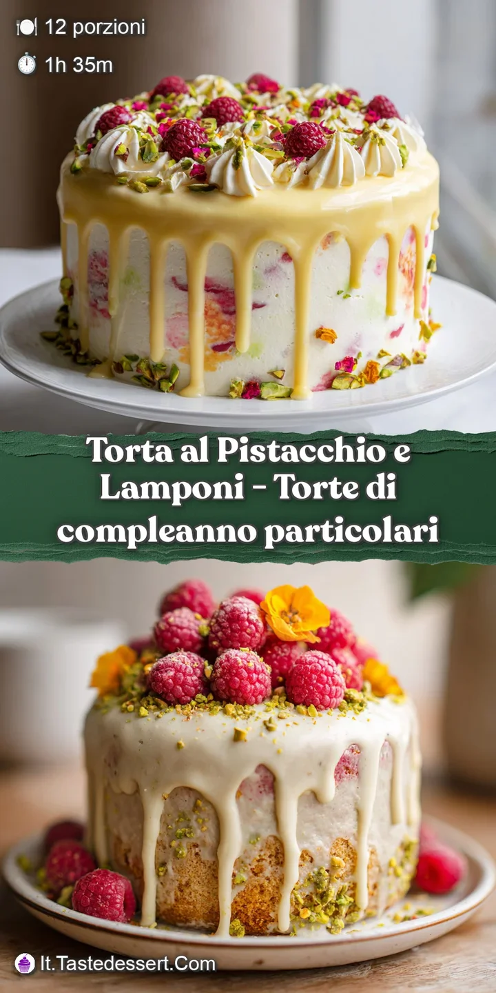 Close-up of a moist pistachio crumb with bright red raspberry drizzle and creamy frosting.