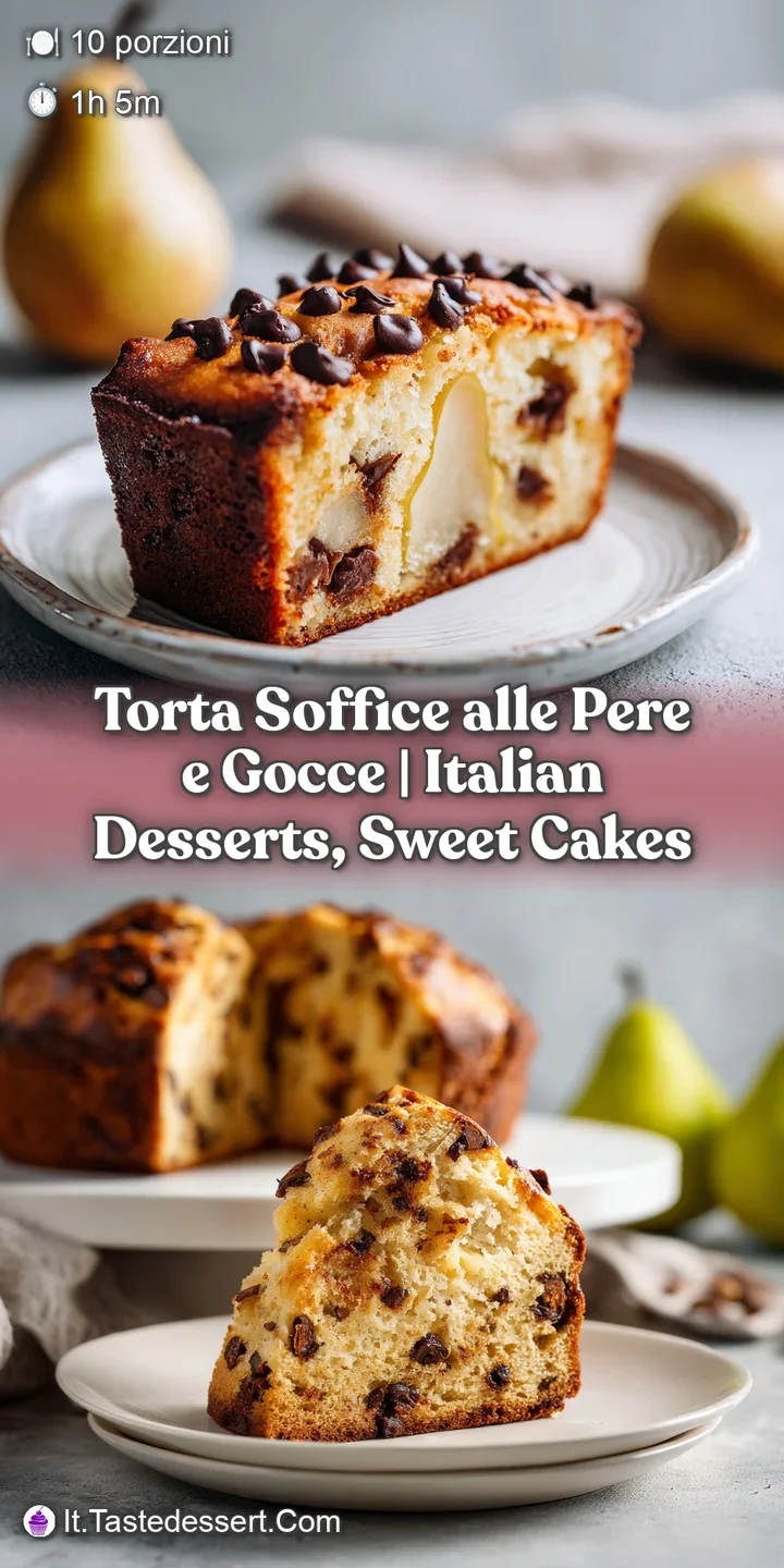 Close-up of a moist slice of pear cake showing soft texture and melted chocolate.