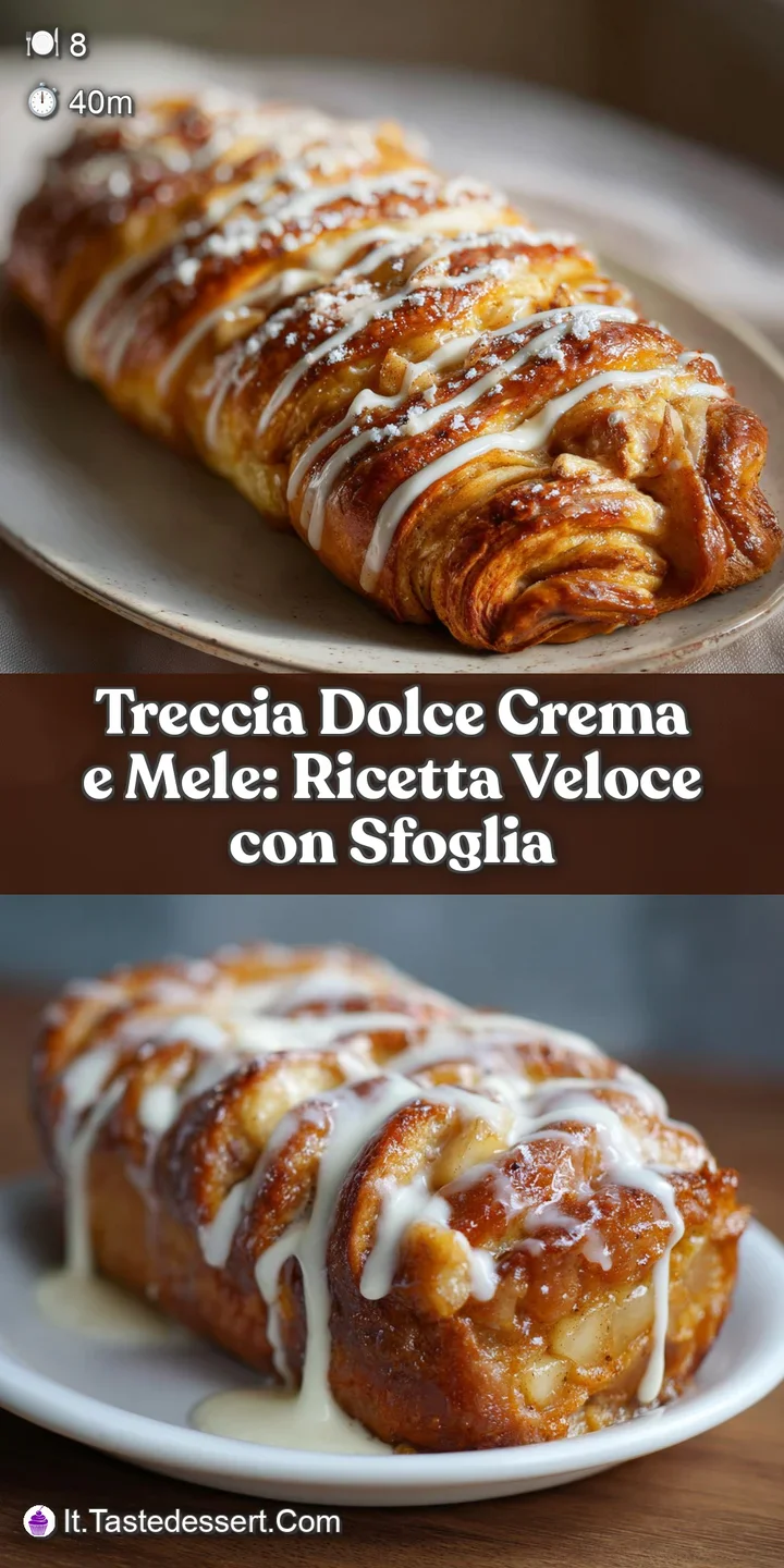 Close-up of the braided pastry showing glistening baked apple slices and a rich, creamy filling within the golden crust.