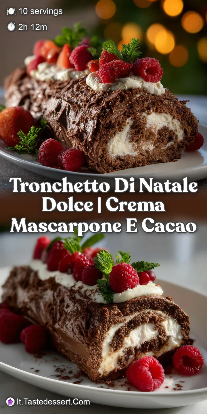 Close-up of a slice of the rolled cake. Visible creamy filling with rich chocolate bark and a light dusting of cocoa powder.