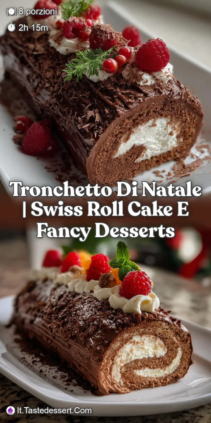 Close-up of a chocolate log cake slice, revealing a soft, creamy filling swirled with chocolate. The moist cake appears ri...