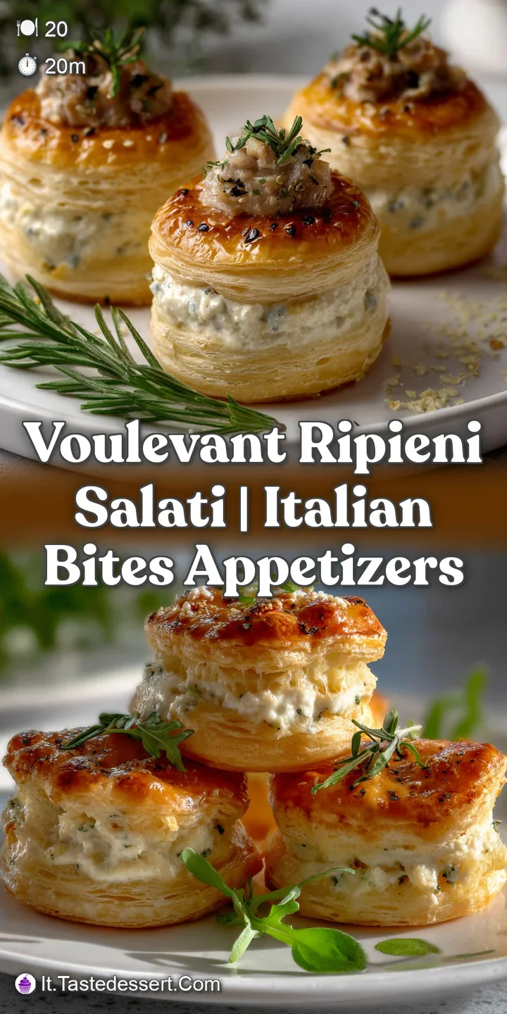 Close-up of a warm, savory vol-au-vent; the golden pastry shell contrasts with the enticing, creamy filling. Perfect antip...